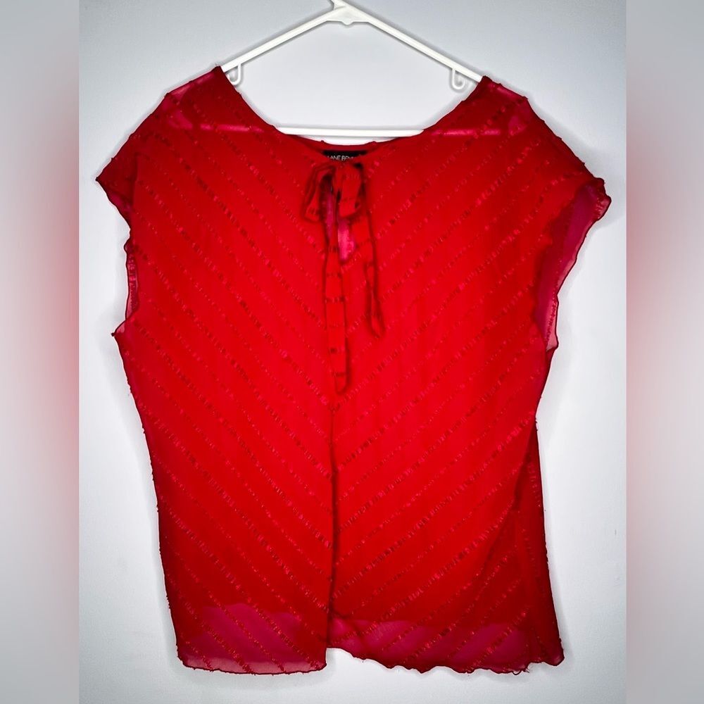 Lane Bryant Red With Ribbon Stripes Cap Sleeve Key-hole Sheer Blouse Size 14/16